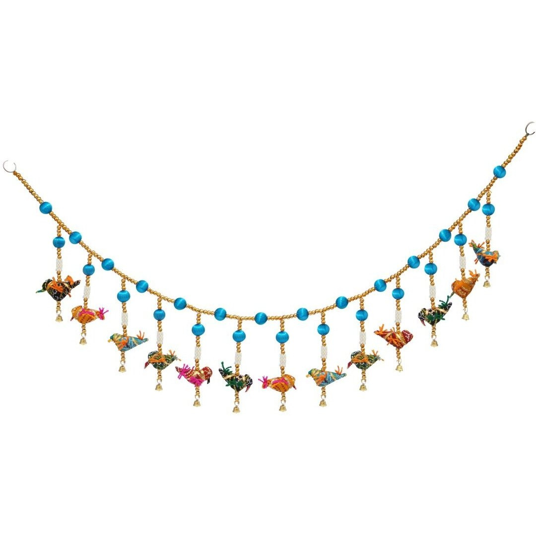 Handicrafts Paradise Cloth Door Hanging Bandhanwar Sky Blue Beads With Multiple Birds Hanging