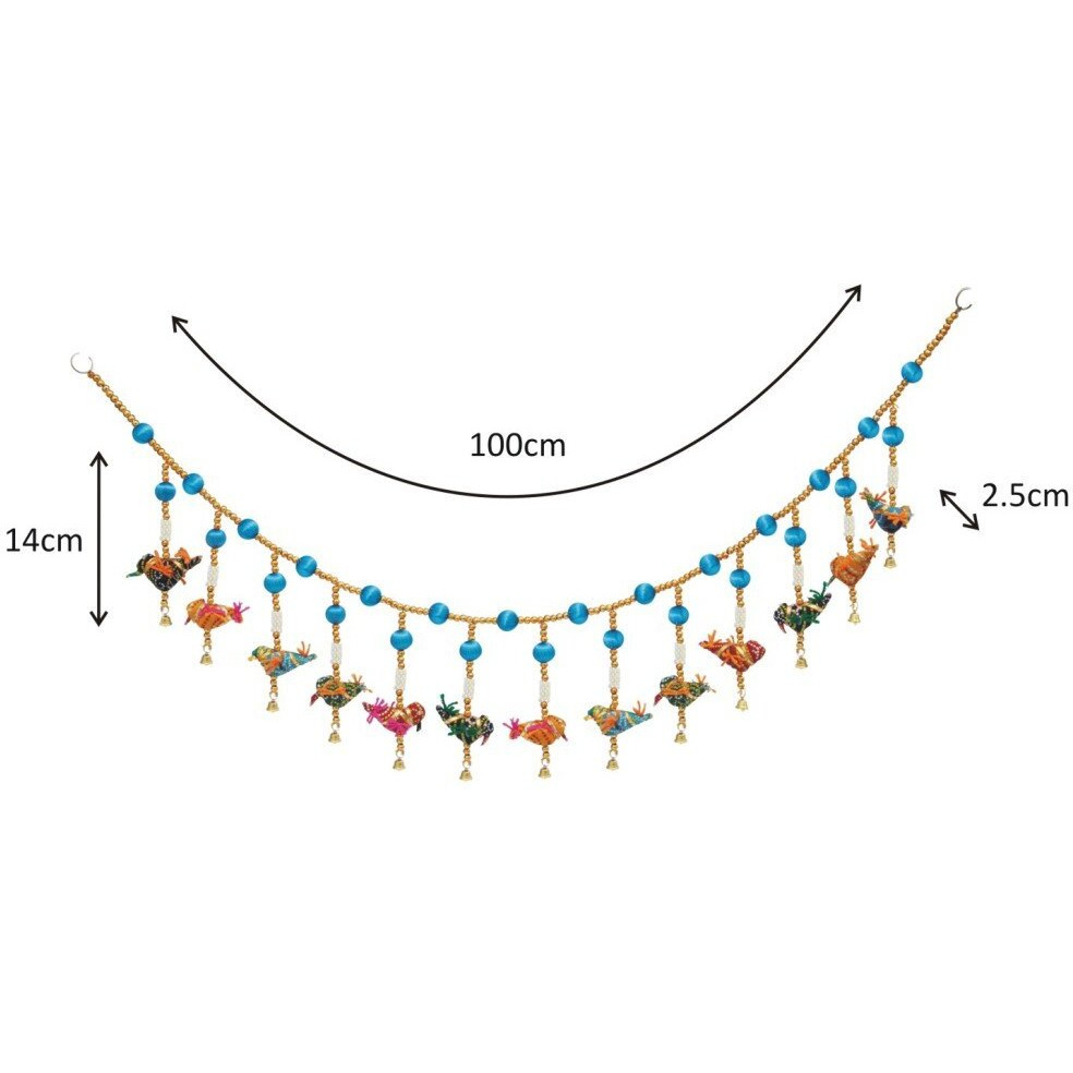 Handicrafts Paradise Cloth Door Hanging Bandhanwar Sky Blue Beads With Multiple Birds Hanging