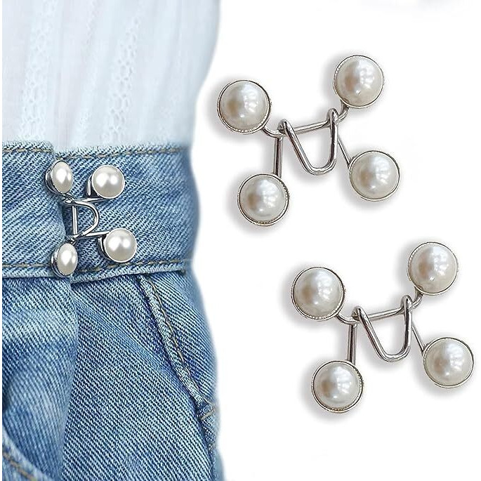 Prezone Adjustable Jean Button,2 Sets Jean Button Pins,Adjustable Waist Buckle Extender For Jeans,Waist Tightener Instant Clips For Loose Jeans Skirts(White Pearl)