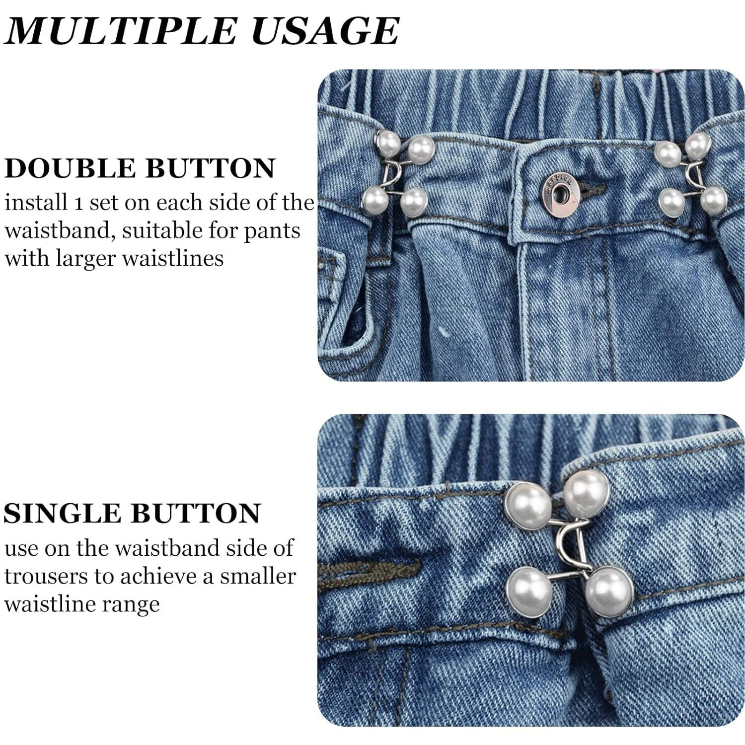 Prezone Adjustable Jean Button,2 Sets Jean Button Pins,Adjustable Waist Buckle Extender For Jeans,Waist Tightener Instant Clips For Loose Jeans Skirts(White Pearl)
