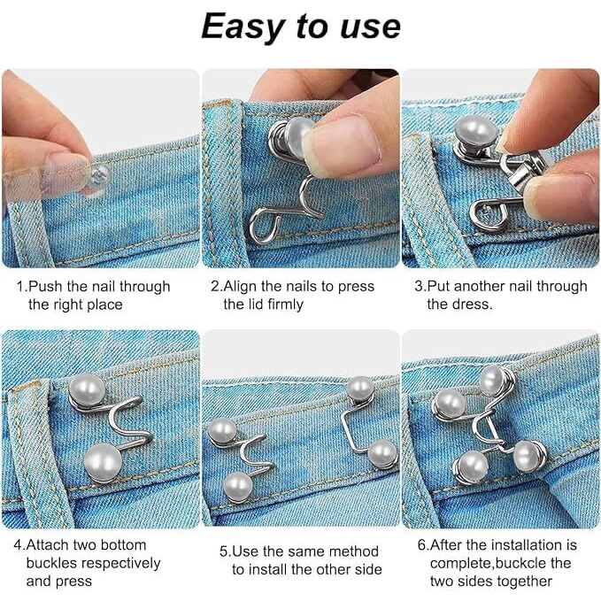 Prezone Adjustable Jean Button,2 Sets Jean Button Pins,Adjustable Waist Buckle Extender For Jeans,Waist Tightener Instant Clips For Loose Jeans Skirts(White Pearl)