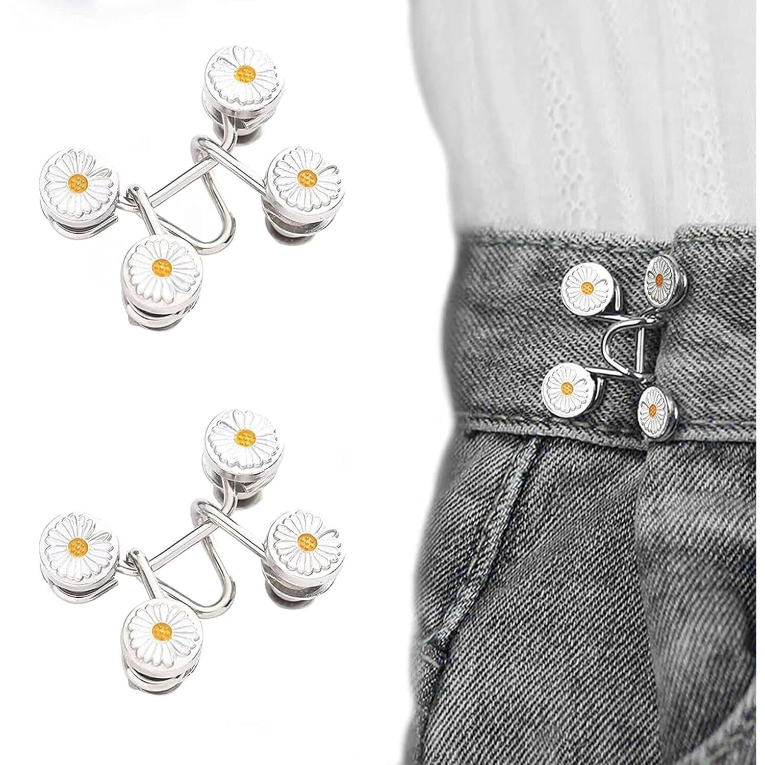 Buymz Adjustable Jean Button,2 Sets Jean Button Pins,Adjustable Waist Buckle Extender For Jeans, Waist Tightener Clips For Loose Jeans, Pants, Skirts