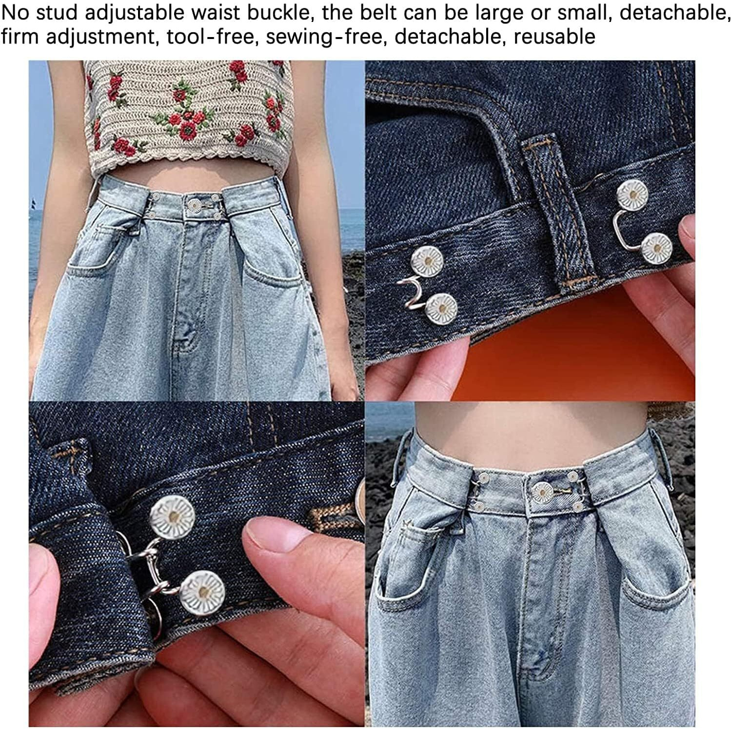 Buymz Adjustable Jean Button,2 Sets Jean Button Pins,Adjustable Waist Buckle Extender For Jeans, Waist Tightener Clips For Loose Jeans, Pants, Skirts