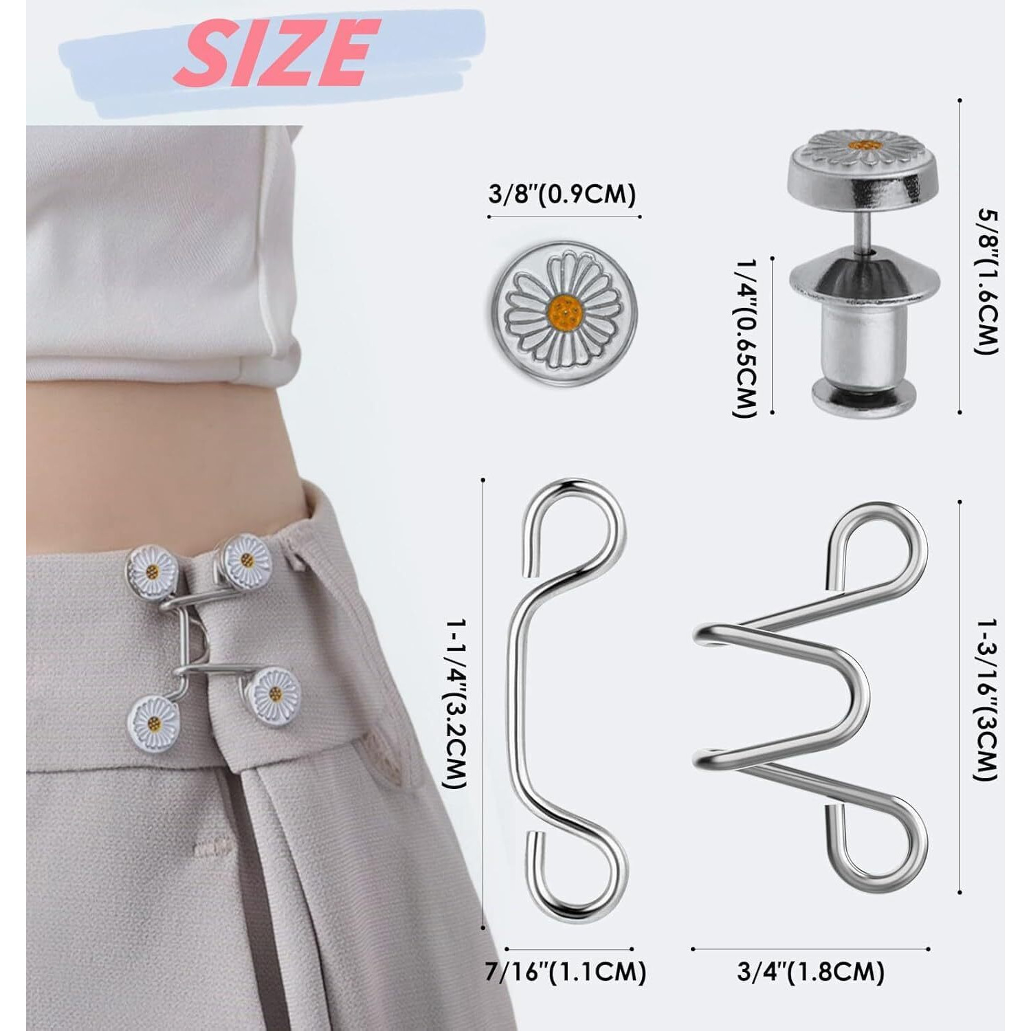 Buymz Adjustable Jean Button,2 Sets Jean Button Pins,Adjustable Waist Buckle Extender For Jeans, Waist Tightener Clips For Loose Jeans, Pants, Skirts