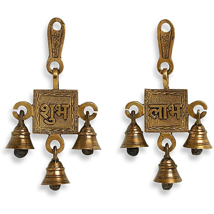 Exclusivelane 'shubh Labh' Hand-Etched Brass Wall Dcor Hanging With Bells For Home Decoration (Pure Brass, 3.3 X 3.3 X 6.3 Inch, 2 Pieces, 0.3 Kg) | Brass Hanging Bells Ghanti For Decoration