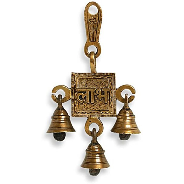 Exclusivelane 'shubh Labh' Hand-Etched Brass Wall Dcor Hanging With Bells For Home Decoration (Pure Brass, 3.3 X 3.3 X 6.3 Inch, 2 Pieces, 0.3 Kg) | Brass Hanging Bells Ghanti For Decoration