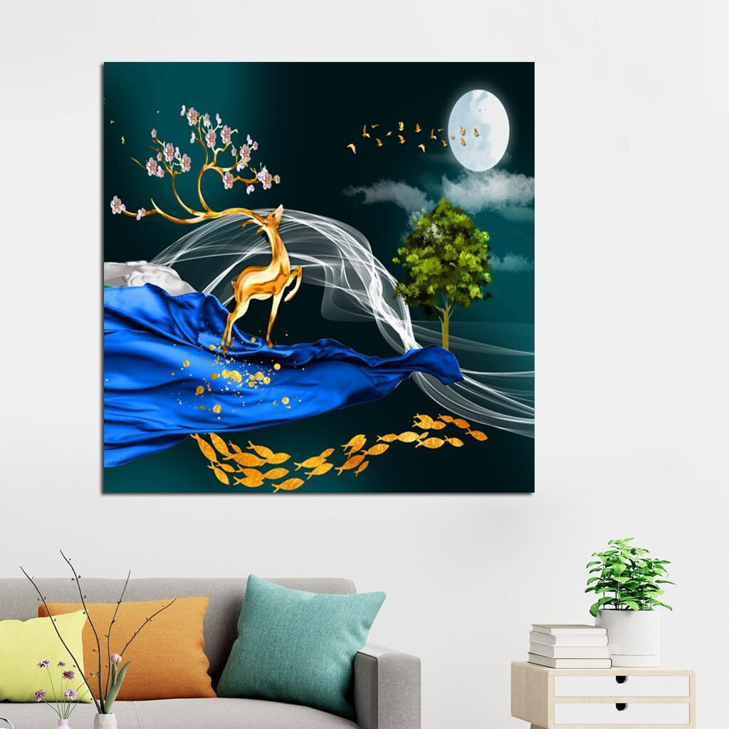 Maxstone Improve Your Place Goldan Deer With Moon Wall Paiting For Living Room, Bedroom, Office, Hotels, Drawing Room (55.88 X 55.88 Cm) Big Size