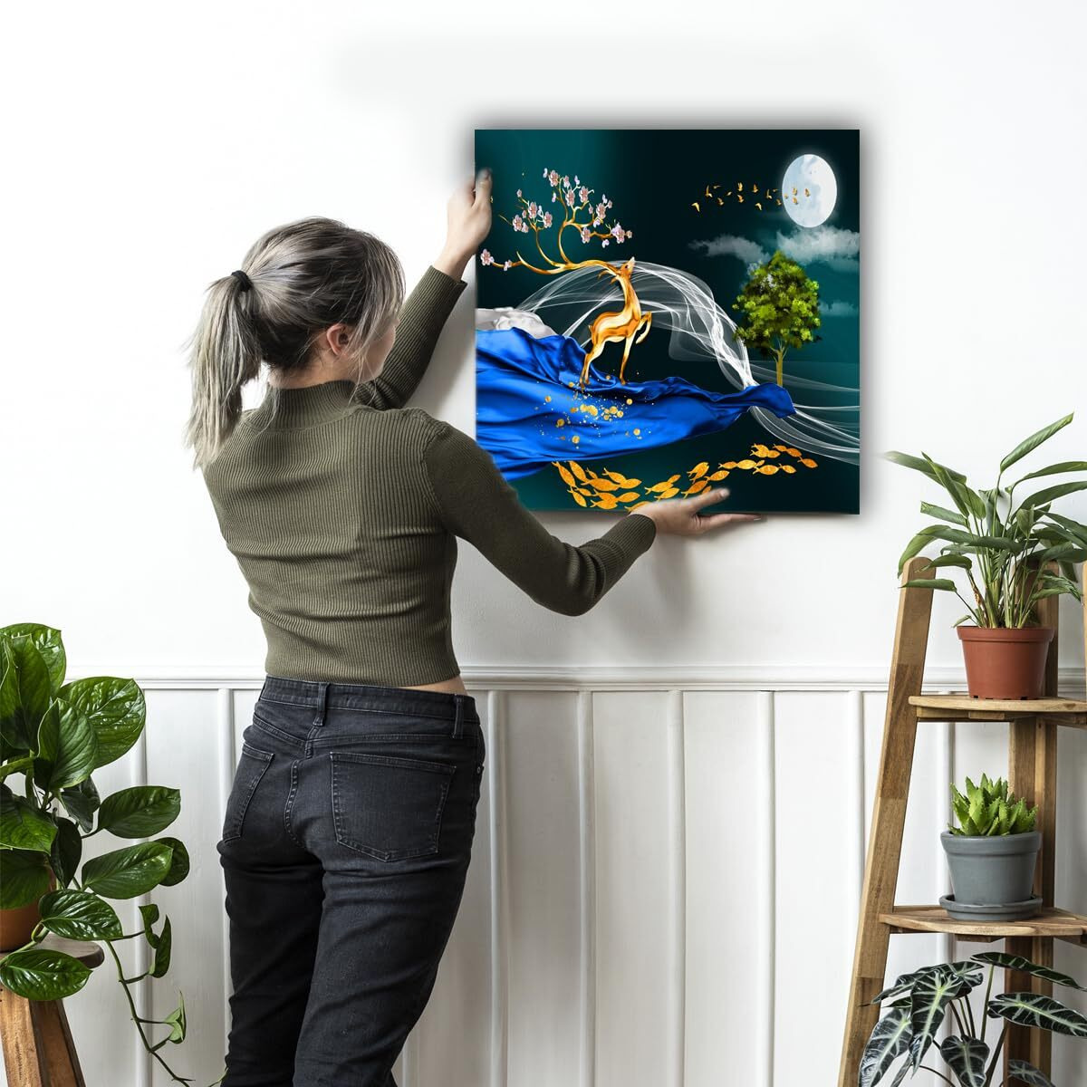 Maxstone Improve Your Place Goldan Deer With Moon Wall Paiting For Living Room, Bedroom, Office, Hotels, Drawing Room (55.88 X 55.88 Cm) Big Size