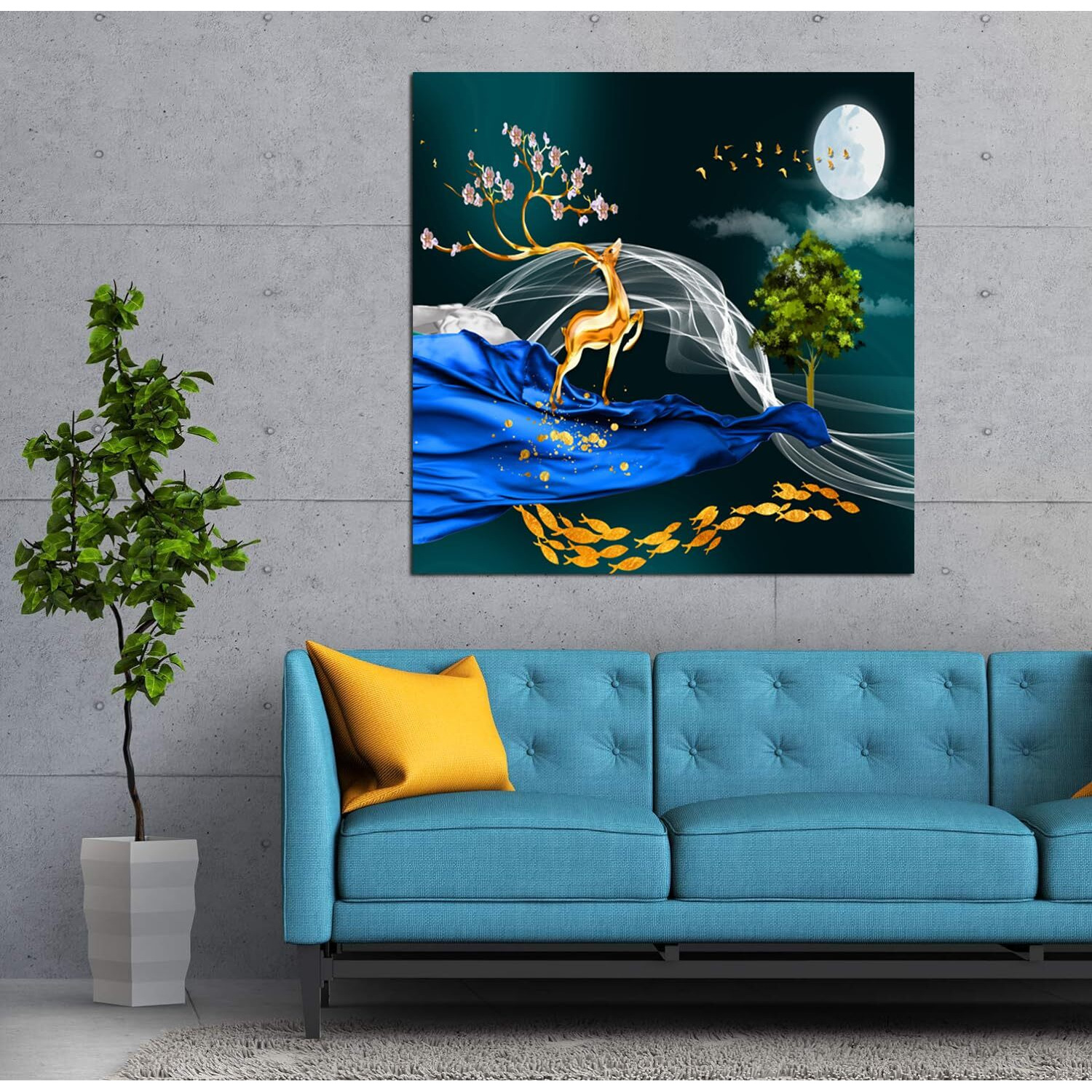 Maxstone Improve Your Place Goldan Deer With Moon Wall Paiting For Living Room, Bedroom, Office, Hotels, Drawing Room (55.88 X 55.88 Cm) Big Size