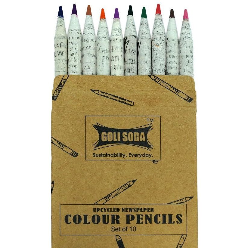 Goli Soda Newspaper Colour Pencils (10 Colours)|| Eco Friendly|Handmade Pencils|Wood Free|Upcycled |Polymer Free|100% Made Of Newspaper,Multicolor