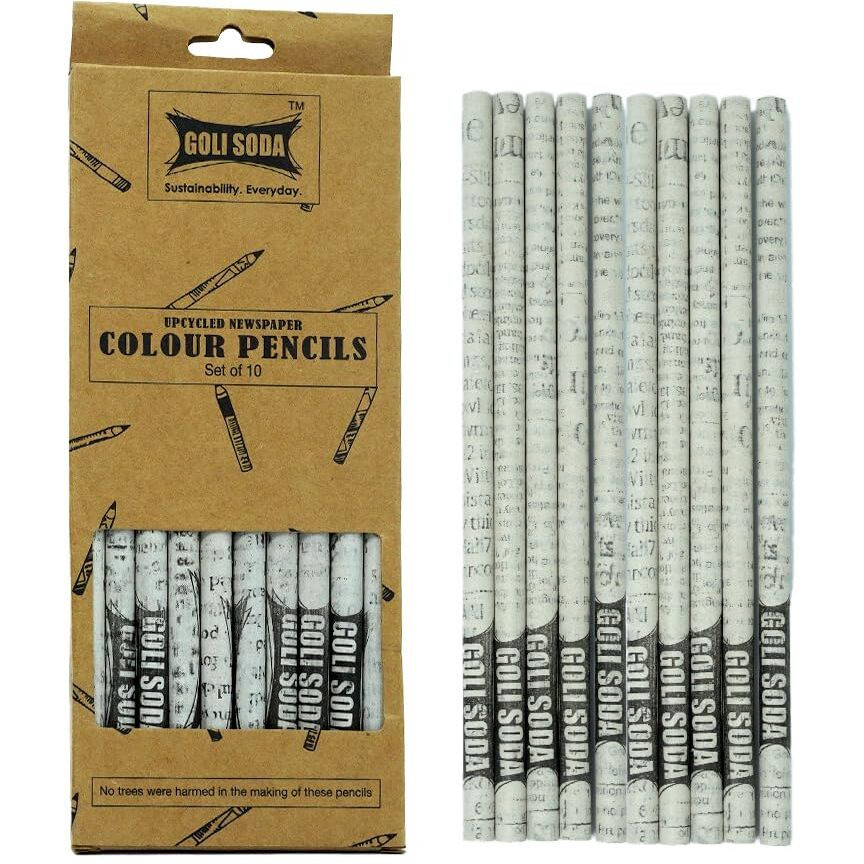 Goli Soda Newspaper Colour Pencils (10 Colours)|| Eco Friendly|Handmade Pencils|Wood Free|Upcycled |Polymer Free|100% Made Of Newspaper,Multicolor