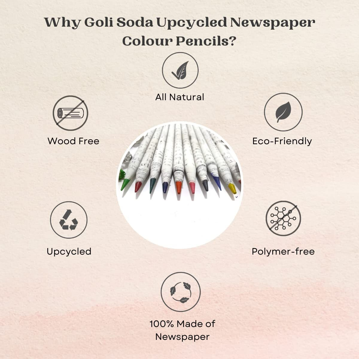 Goli Soda Newspaper Colour Pencils (10 Colours)|| Eco Friendly|Handmade Pencils|Wood Free|Upcycled |Polymer Free|100% Made Of Newspaper,Multicolor