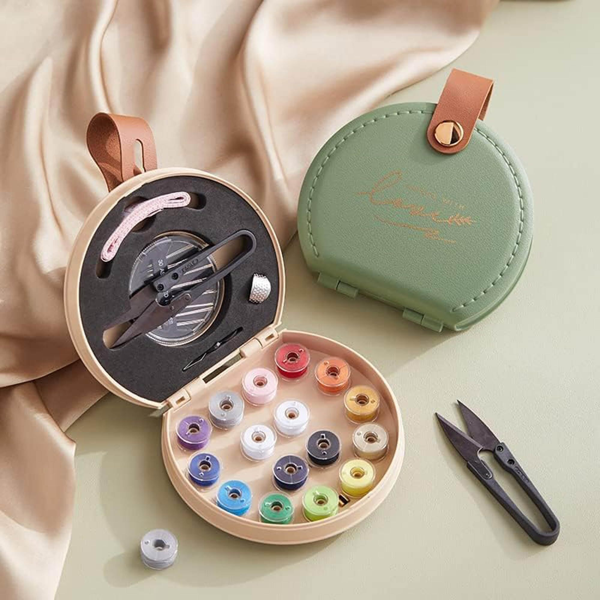 Curated Cart Portable Sewing Kit Combo - Sui Dhaga Kit Organizer - Thread, Scissors, Needles, Pins, Measuring Tape, Thimble - Diy Travel & Home Sewing Repair Set - Sewing Thread Box Mini Set - Beige