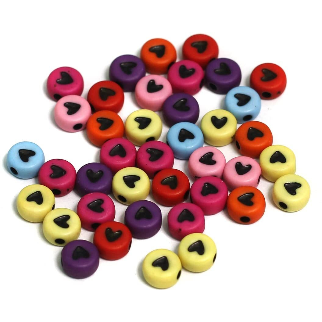 Beadsnfashion 500 Pcs Acrylic Round Heart Beads Multicolor 6Mm With 10 Mtrs Crystal String Elastic Cord For Jewellery Making, Diy Bracelets, Necklace, Key Chains And Kids Jewellery