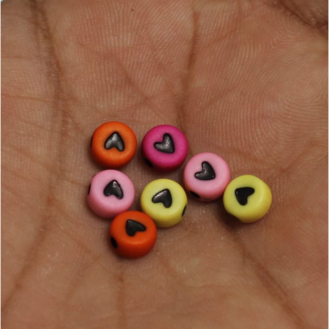 Beadsnfashion 500 Pcs Acrylic Round Heart Beads Multicolor 6Mm With 10 Mtrs Crystal String Elastic Cord For Jewellery Making, Diy Bracelets, Necklace, Key Chains And Kids Jewellery