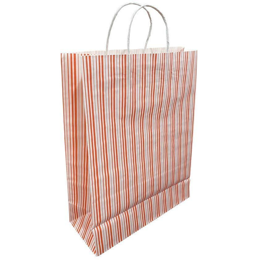 Sapco Gift Paper Bag White Kraft Stripes Peach Gift Carry Bag For Gifting (Pack Of 10) (12X16X5-Inch, Large)
