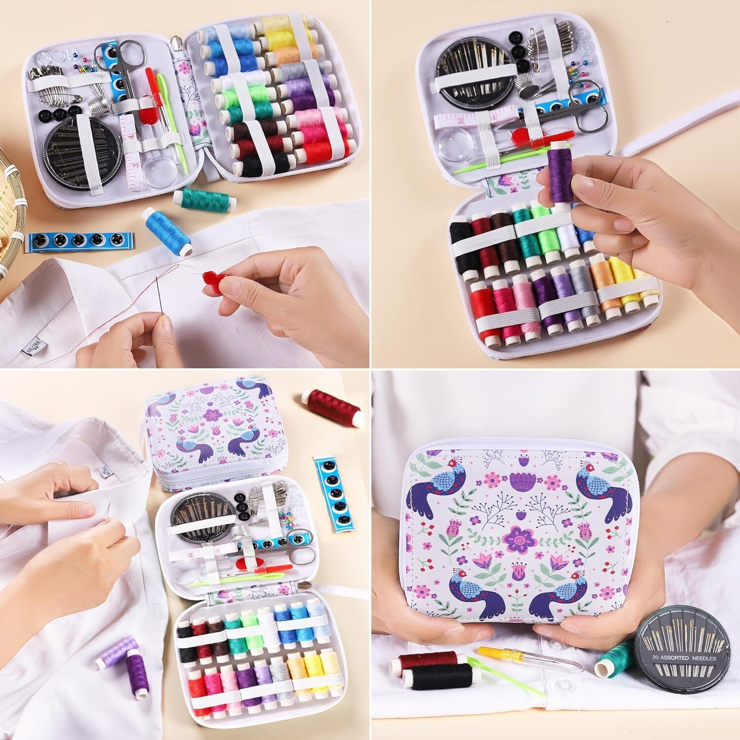 Rianz Sewing Kits For Adults, Portable Sewing Kit, Thread And Needle Set With Pu Leather Case With Handle For Hand, Home, Travel And Emergency, Compact, Small, Basic Sewing Kits (White - Peacock Print)