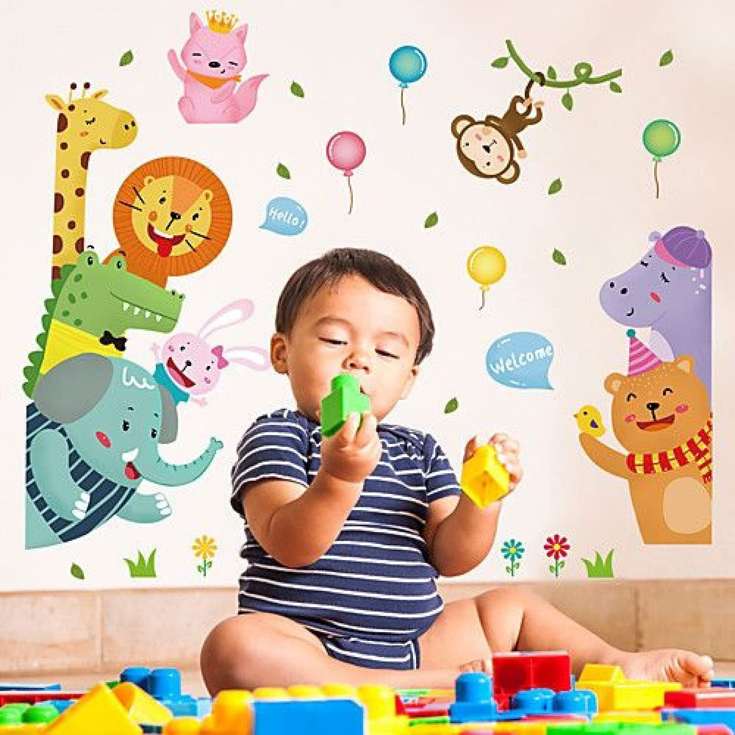 Jaamso Royals Giraffe Monkey Cartoon Animal Door Wall Sticker (60 Cm X 90 Cm)