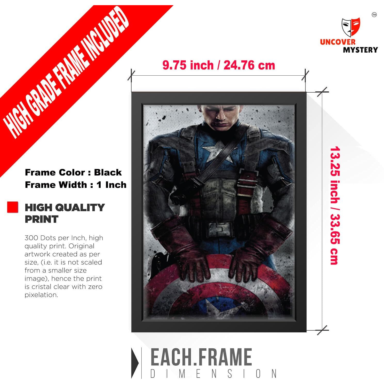 Uncover Mystery Captain America Print On Polyster Canvas Framed, Wall Art For Home, Office, Living Room Wall Decoration, (Size - 9.75 X 13.25 In), Frame Color  Black-467