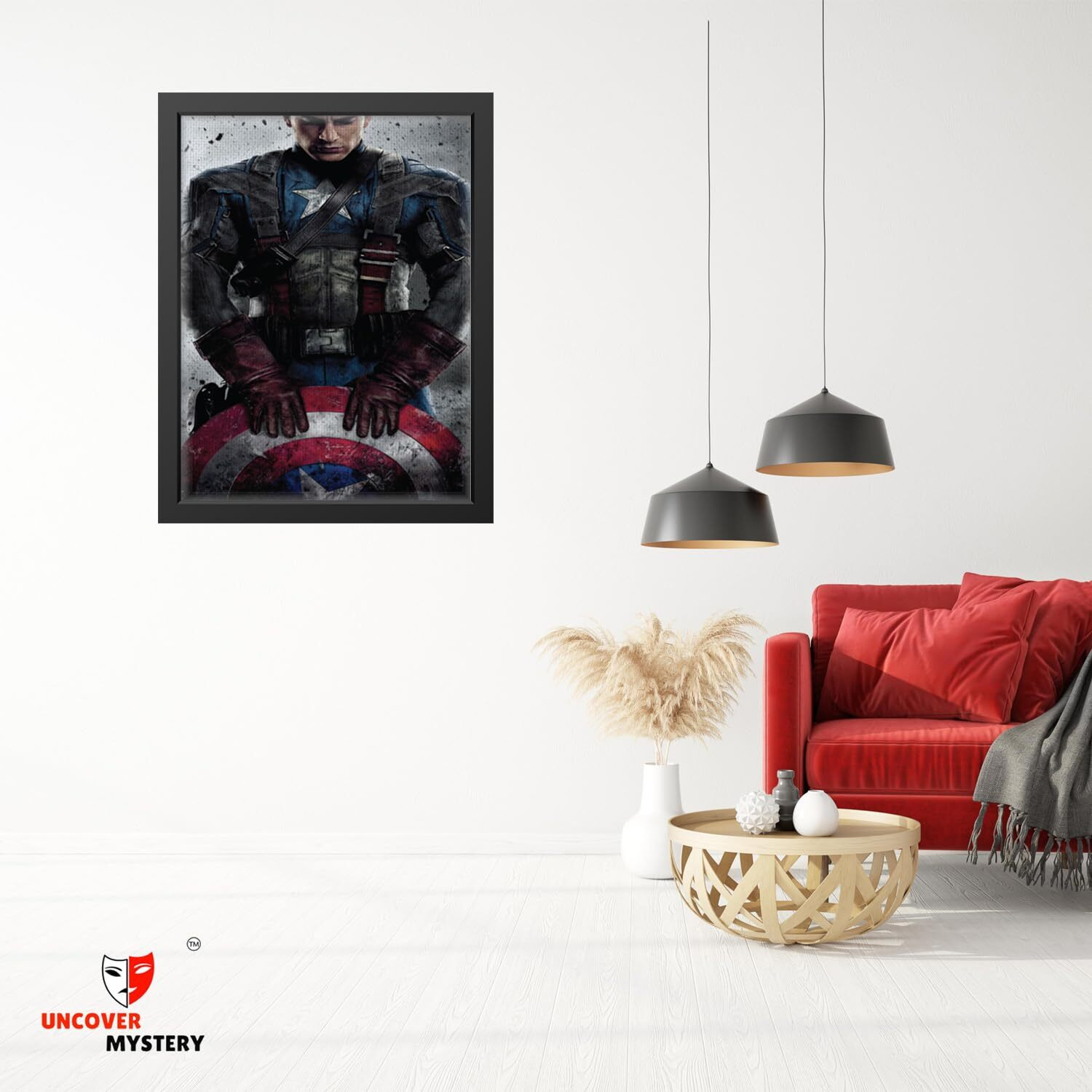 Uncover Mystery Captain America Print On Polyster Canvas Framed, Wall Art For Home, Office, Living Room Wall Decoration, (Size - 9.75 X 13.25 In), Frame Color  Black-467