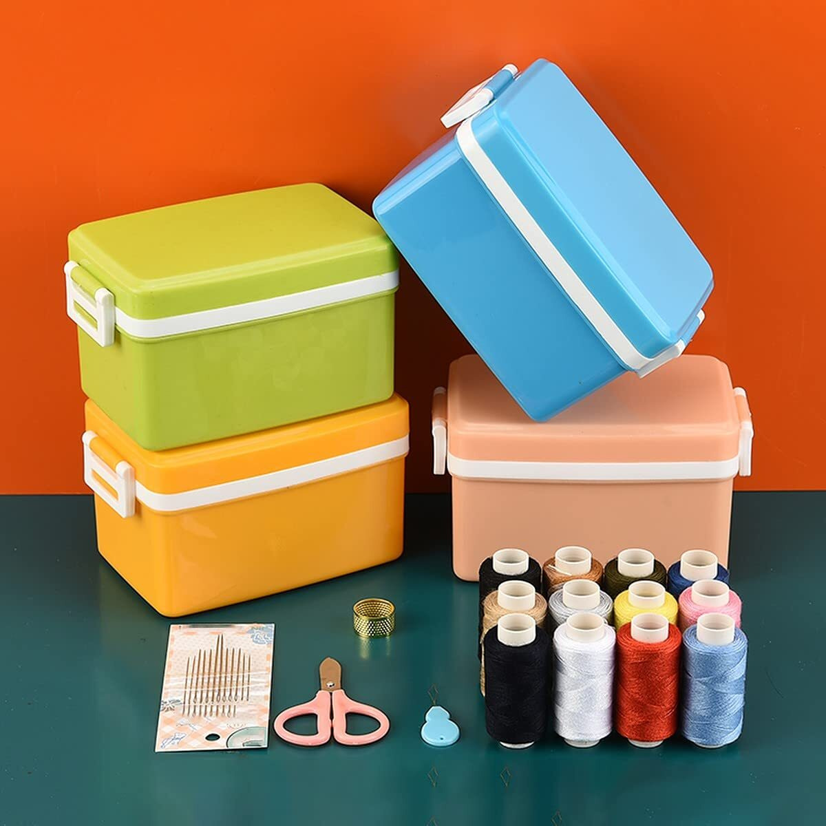 Wolpin 28 Pcs Sewing Kit Box | Sewing Stitching Supplies | Accessories 12 Pcs Thread Spools, Scissors, Needles, Portable, Measuring Tape Diy, Adults, Beginners, Emergency, Travel, Home