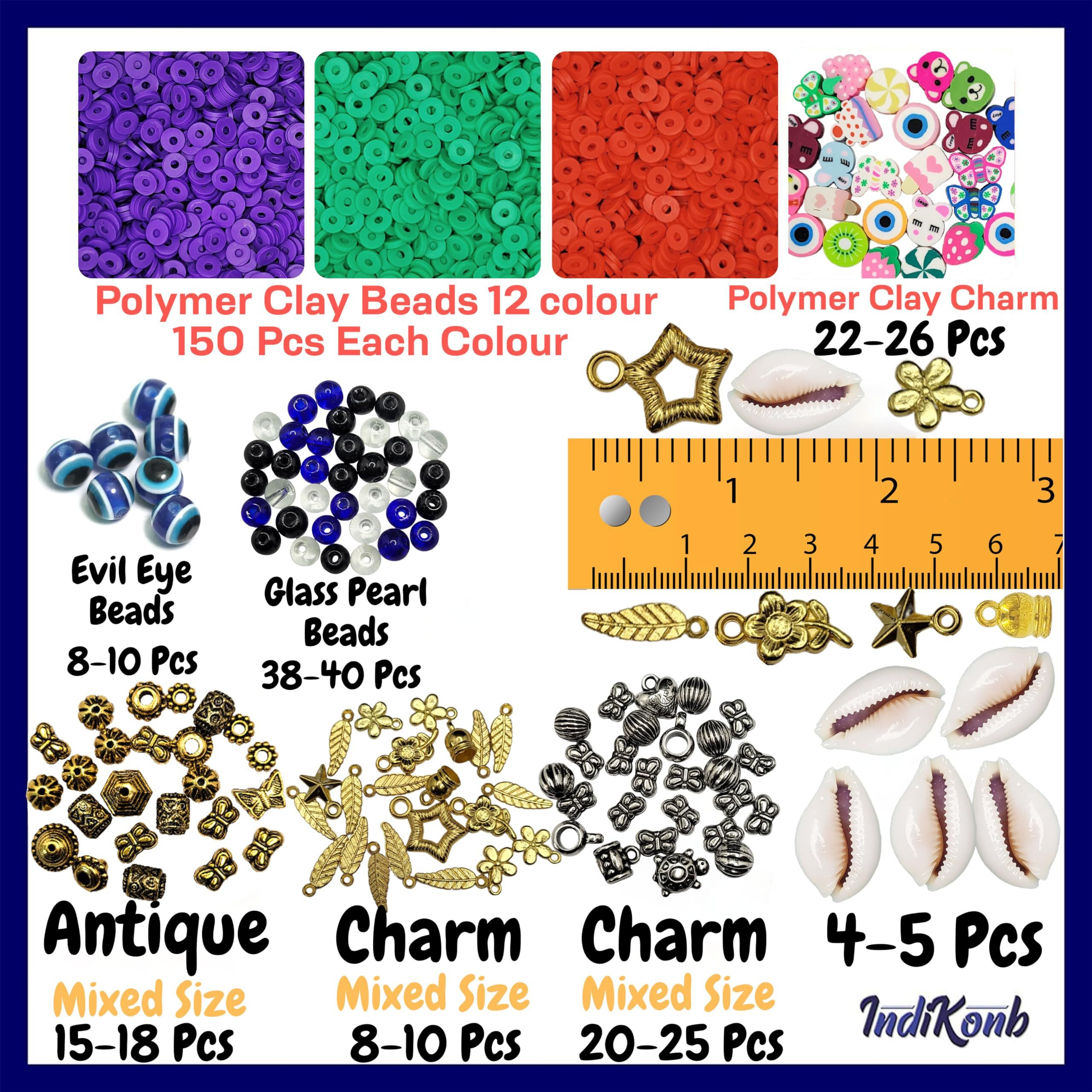Indikonb Multicolour Beads Set Combo - Polymer Beads, Golden Charms, And More For Craft And Jewelry Making