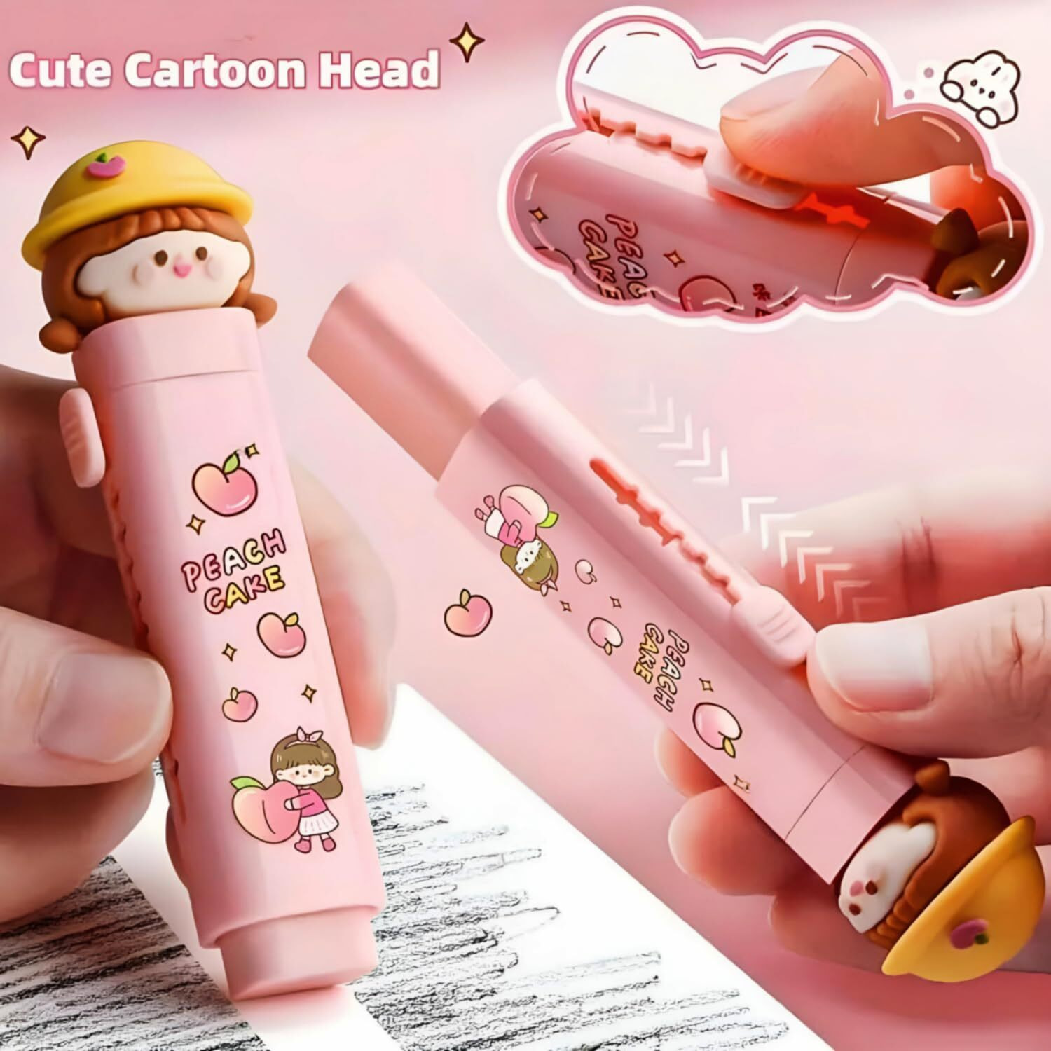 Icora Peach Cake Themed Cute Eraser With Cartoon Girl Design, Pink Rectangular Rubber For Kids, School, And Office Use | Pack Of 1, Pink