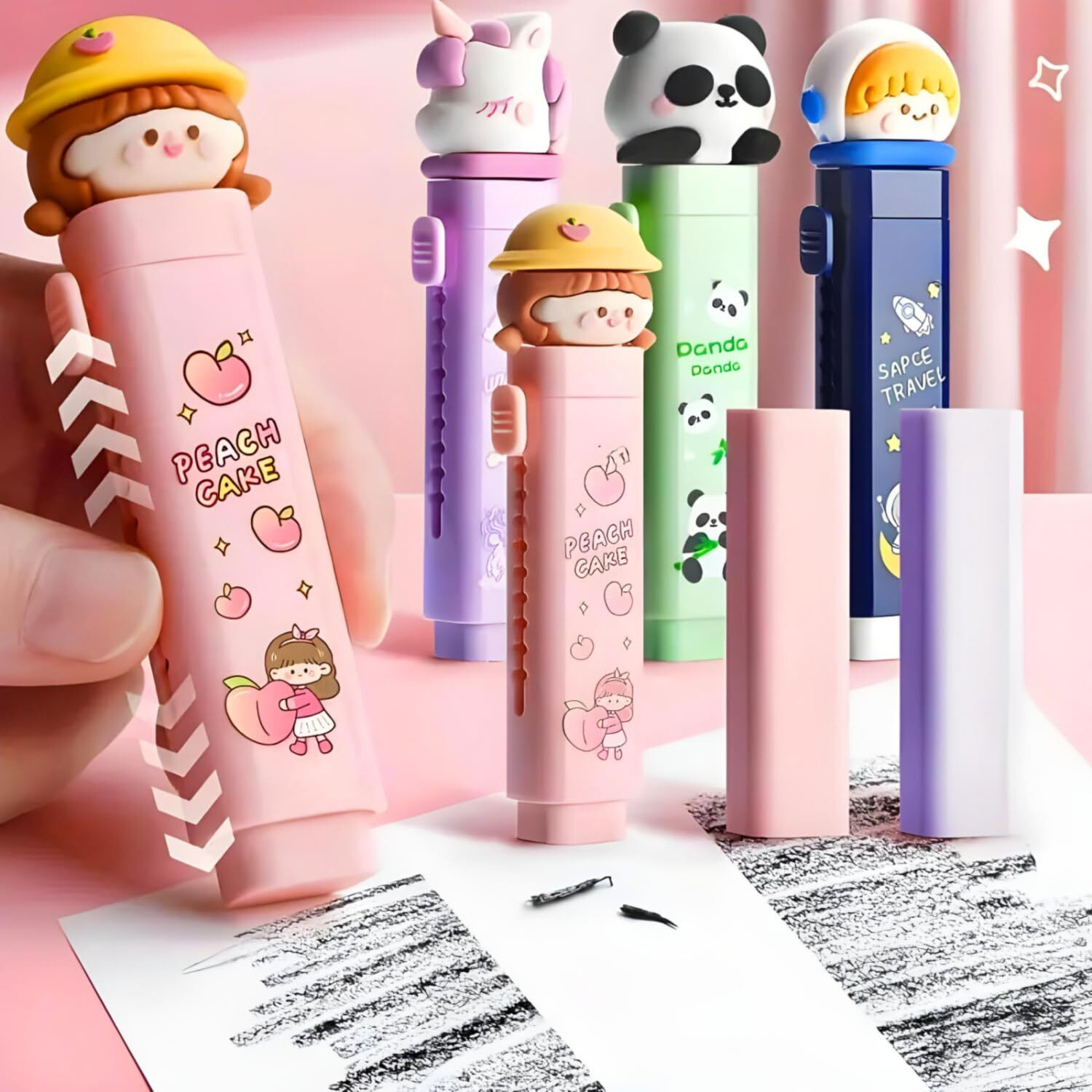 Icora Peach Cake Themed Cute Eraser With Cartoon Girl Design, Pink Rectangular Rubber For Kids, School, And Office Use | Pack Of 1, Pink