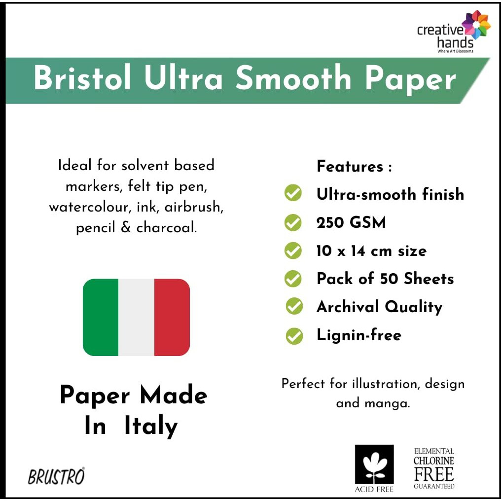 Brustro Artists Small Bristol Paper | 250 Gsm, 50 Sheets, Size (Small) |10X14 Cm| Ideal For Solvent Based Markers, Ink, Airbrush,Pencil & Charcoal, Illustration, Design, Manga