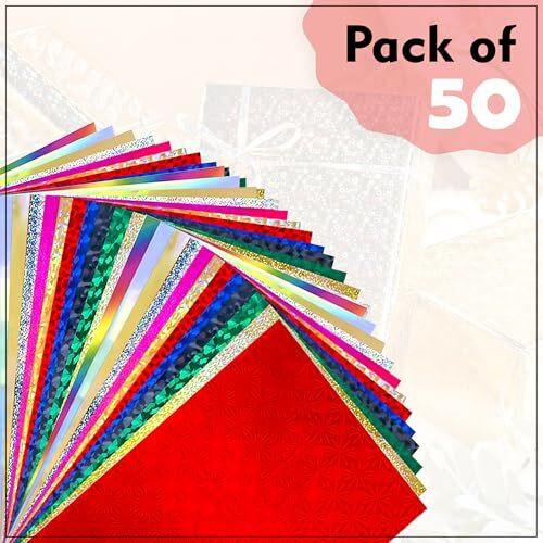 Glun Pack 50 Multicolour Holographic Gift Wrapping Sheets, 65Cm X 45Cm, Multicolor Metallic Sheets Ideal For Special Occasions Like Gift Wrap, Decoration, And Loved Ones' Gifts