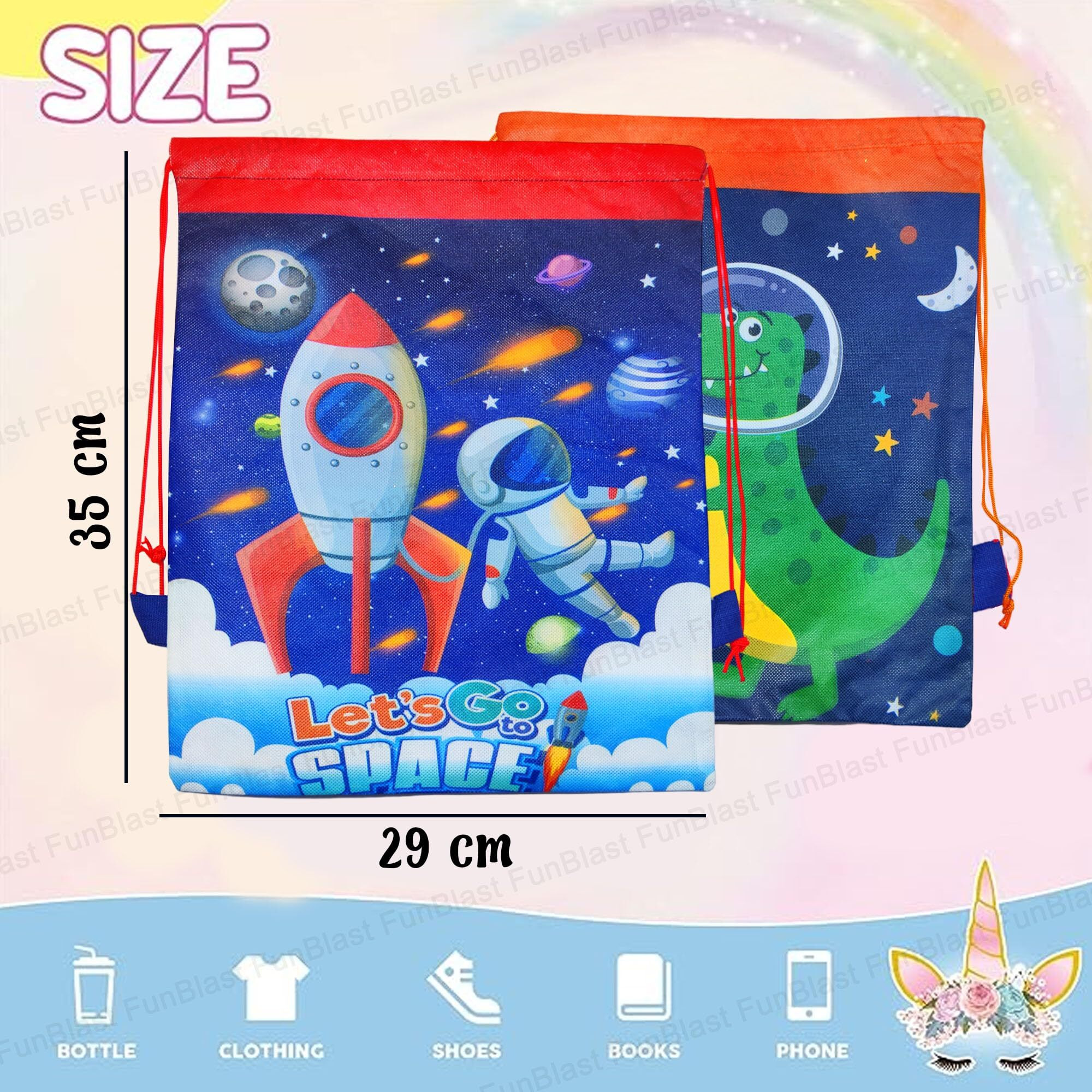 Funblast Gifting Bags For Return Gifts - Pack Of 6 Non-Woven Space & Dinosaur Print Carry Bags, Multi-Purpose Reusable Drawstring Bags (6 Pcs)