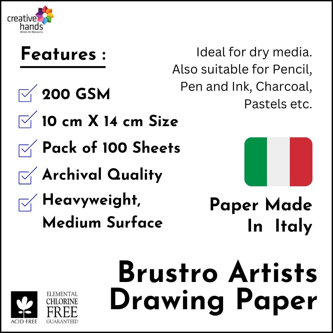 Brustro Artist's Drawing Paper | 200 Gsm | Size (Small) 10 Cm X 14 Cm - 100 Sheets | Ideal For Coloring, Sketching, Professional Art, Craft, Dry Media, Graphite, Charcoal, Pastels, Color Pencils