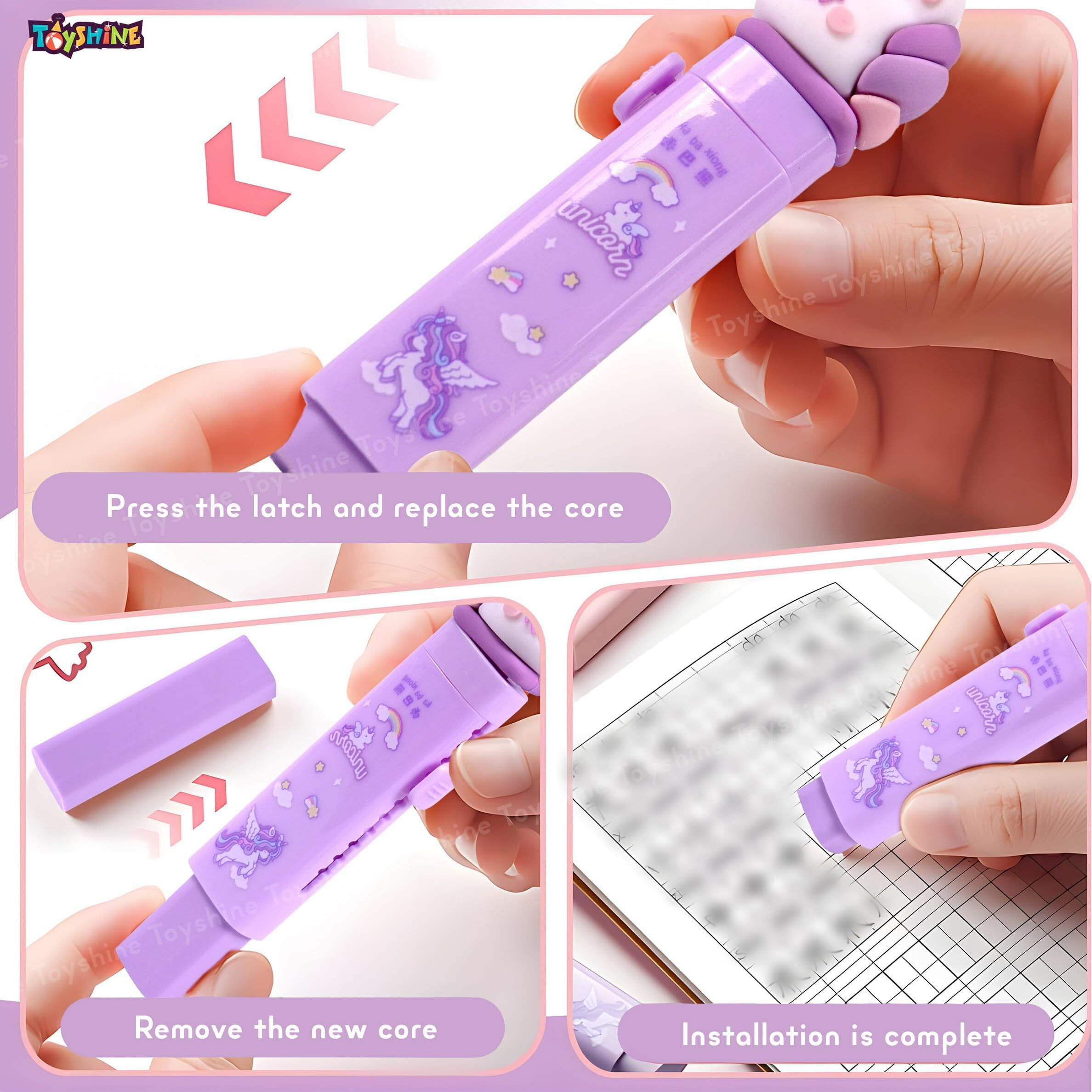 Toyshine 12 Pc Dynamic Push-Pull Design Retractable Shape Unicorn Expandable Erasers With Refill Eraser For Kids Boys Girls School Supplies