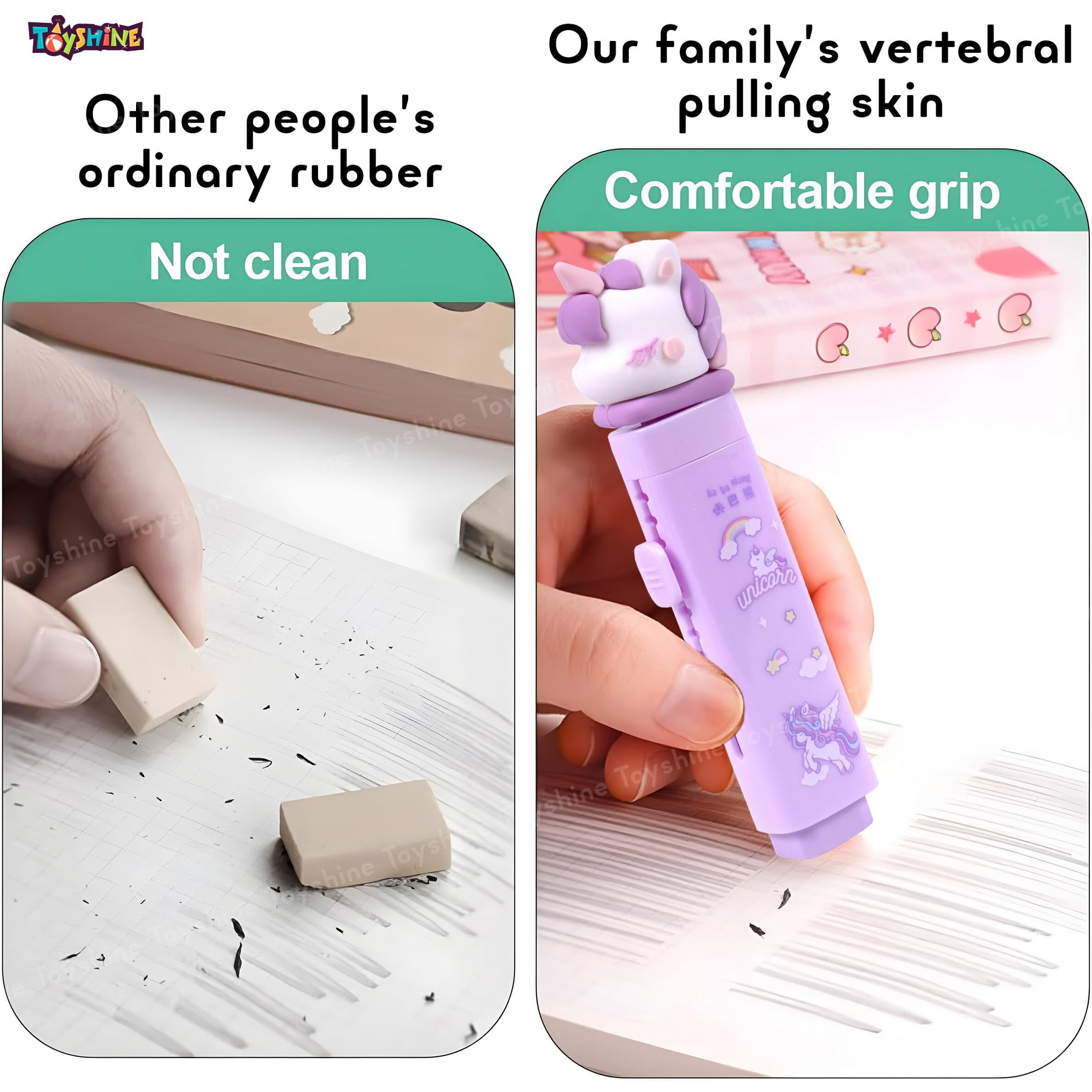 Toyshine 12 Pc Dynamic Push-Pull Design Retractable Shape Unicorn Expandable Erasers With Refill Eraser For Kids Boys Girls School Supplies