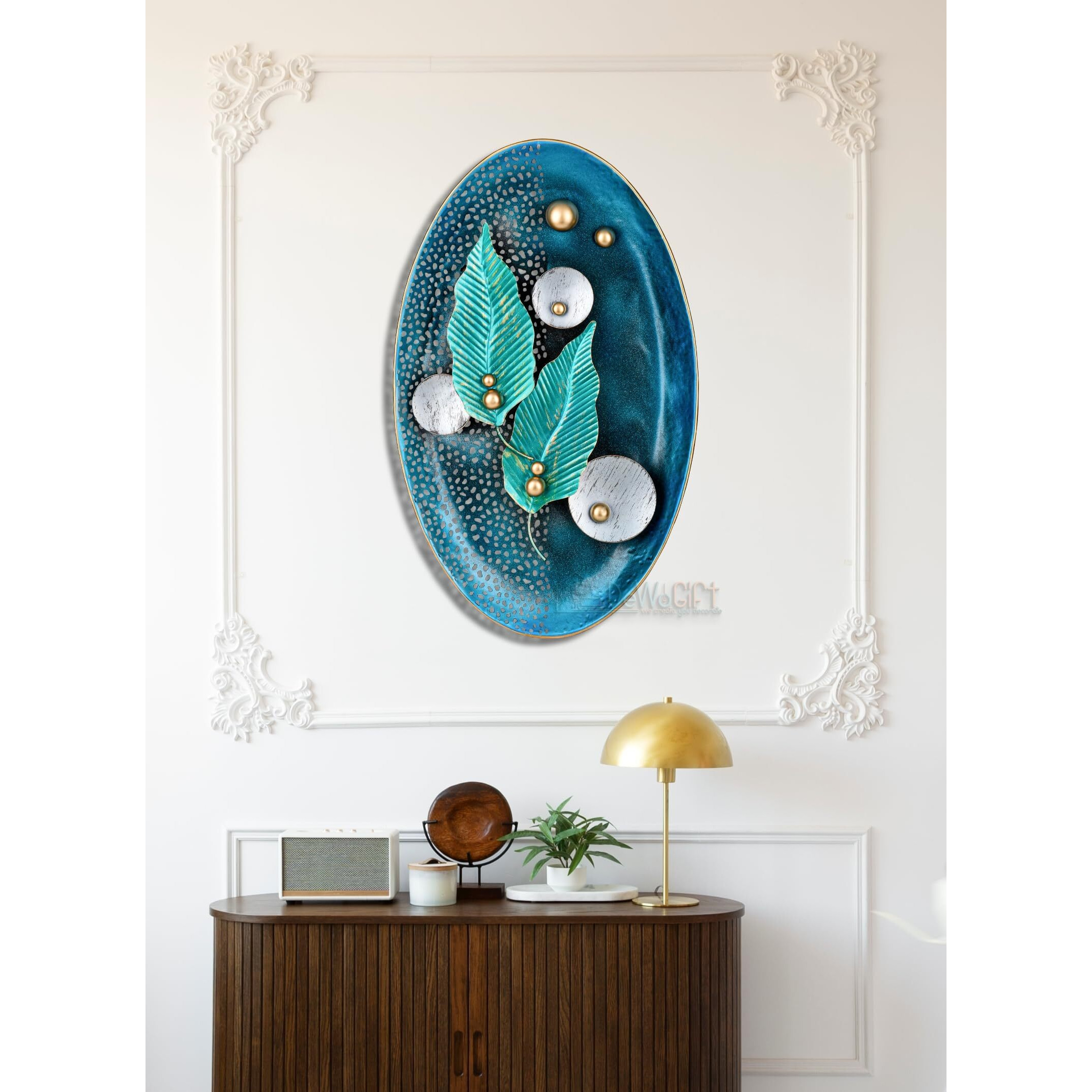 Dewogift Decorative Metal Wall Art | Wall Sculpture/Hanging | For Living Room, Office, Bedroom, Hotel | Easy To Hang | Durable | Elegant And Timeless | Home Decor | Oval Leafy Art |