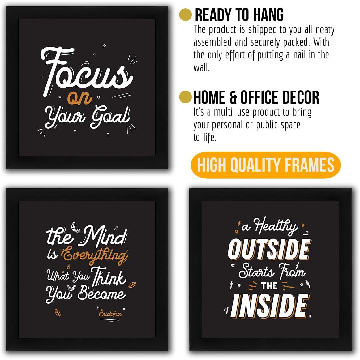 Interio Crafts - Focus On Your Goals Motivational Wall Frames - Set Of 4 Inspirtional Quotes Framed Posters - Frames For Office Or Home Wall Decor - Black Frames - 10 X 10 Inches