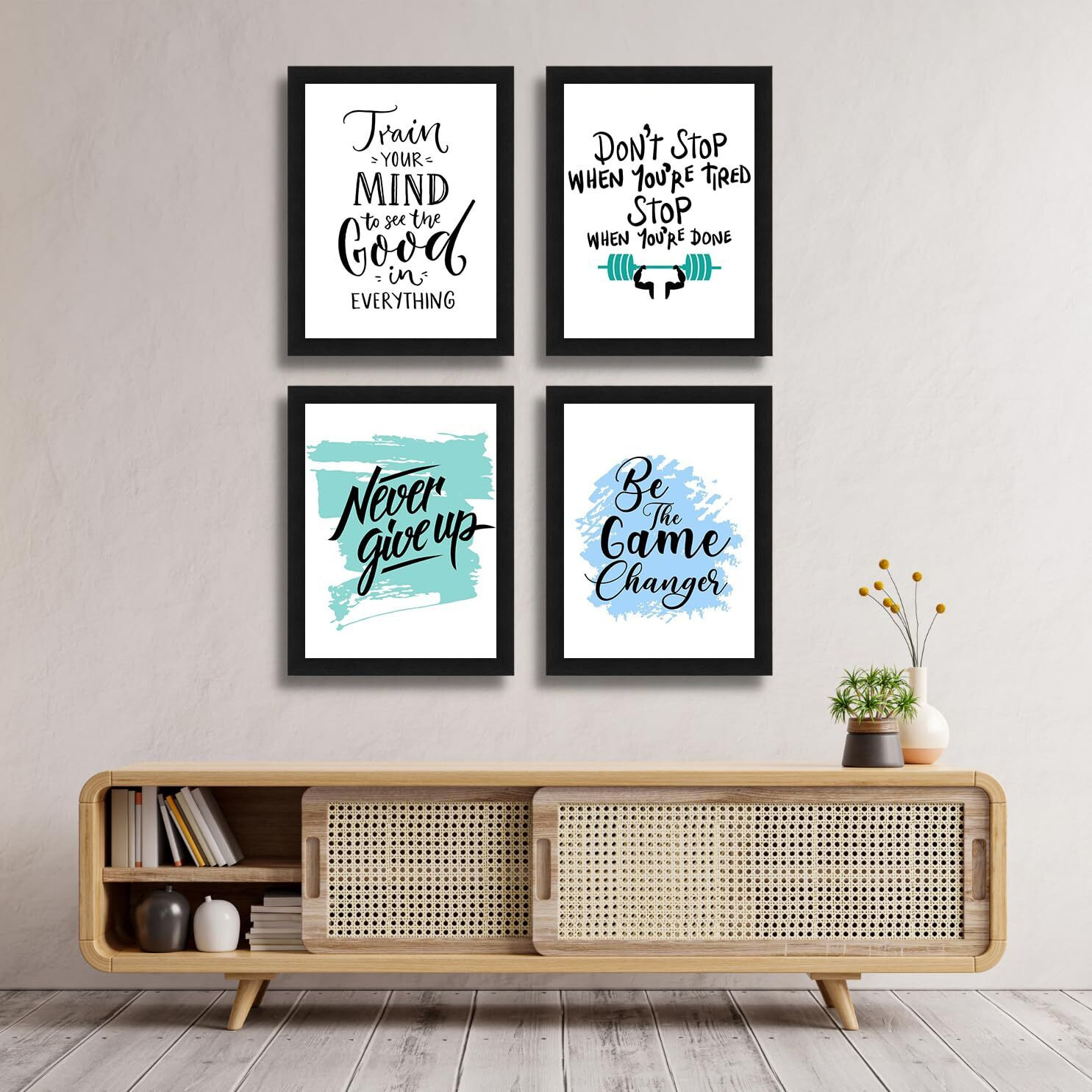 Interio Crafts - Set Of 4 Motivational Wall Frames - Never Give Up Inspirational Quotes Posters For Home Or Office Wall Decor - Synthetic Wood - 13 X 10 Inches