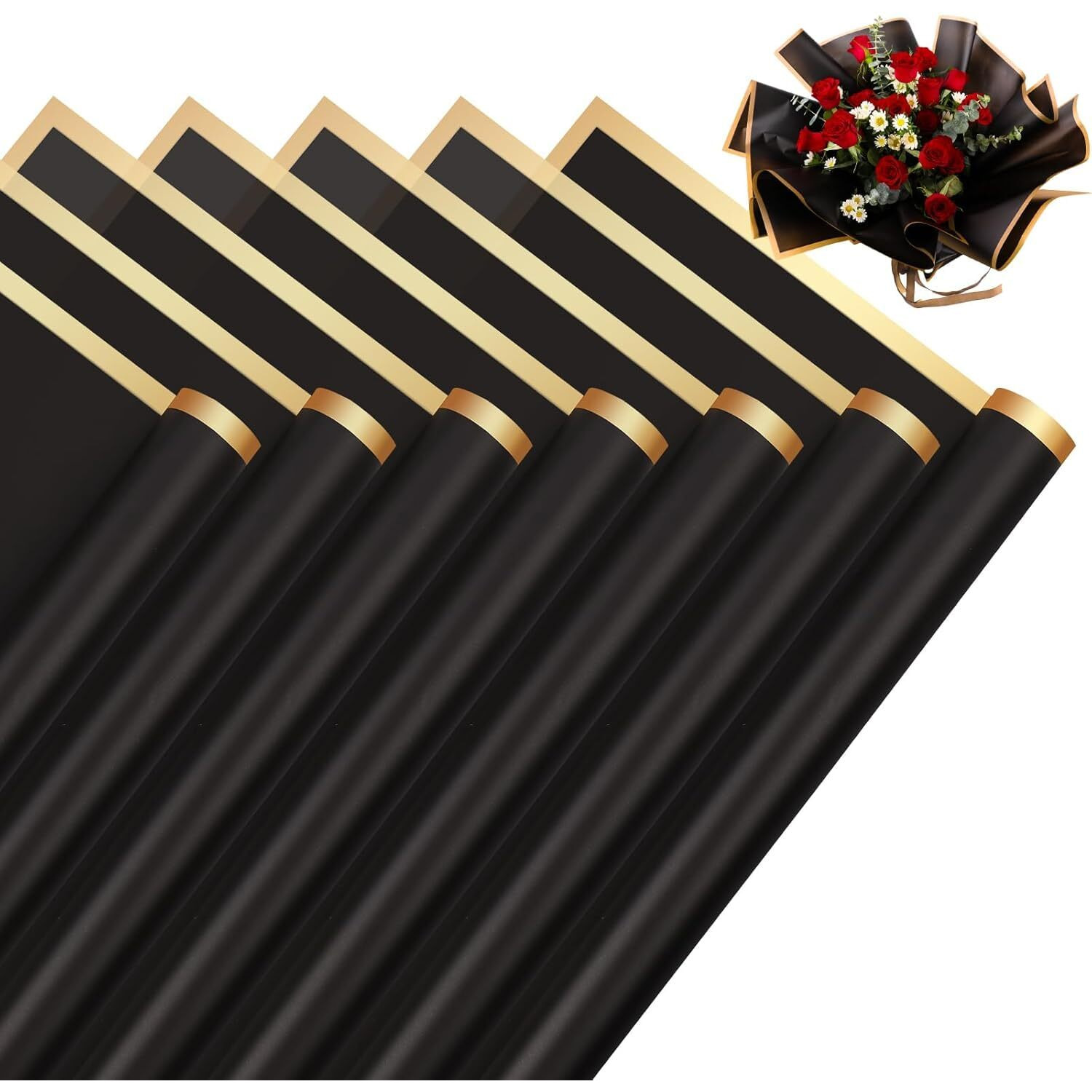 Pandeji Korean Style Waterproof Floral Bouquet Wrapping Paper, Florist Supplies Packaging Paper For Wedding Birthday Gift Diy (Black Sheet With Golden Border, 10 Sheet Pack)