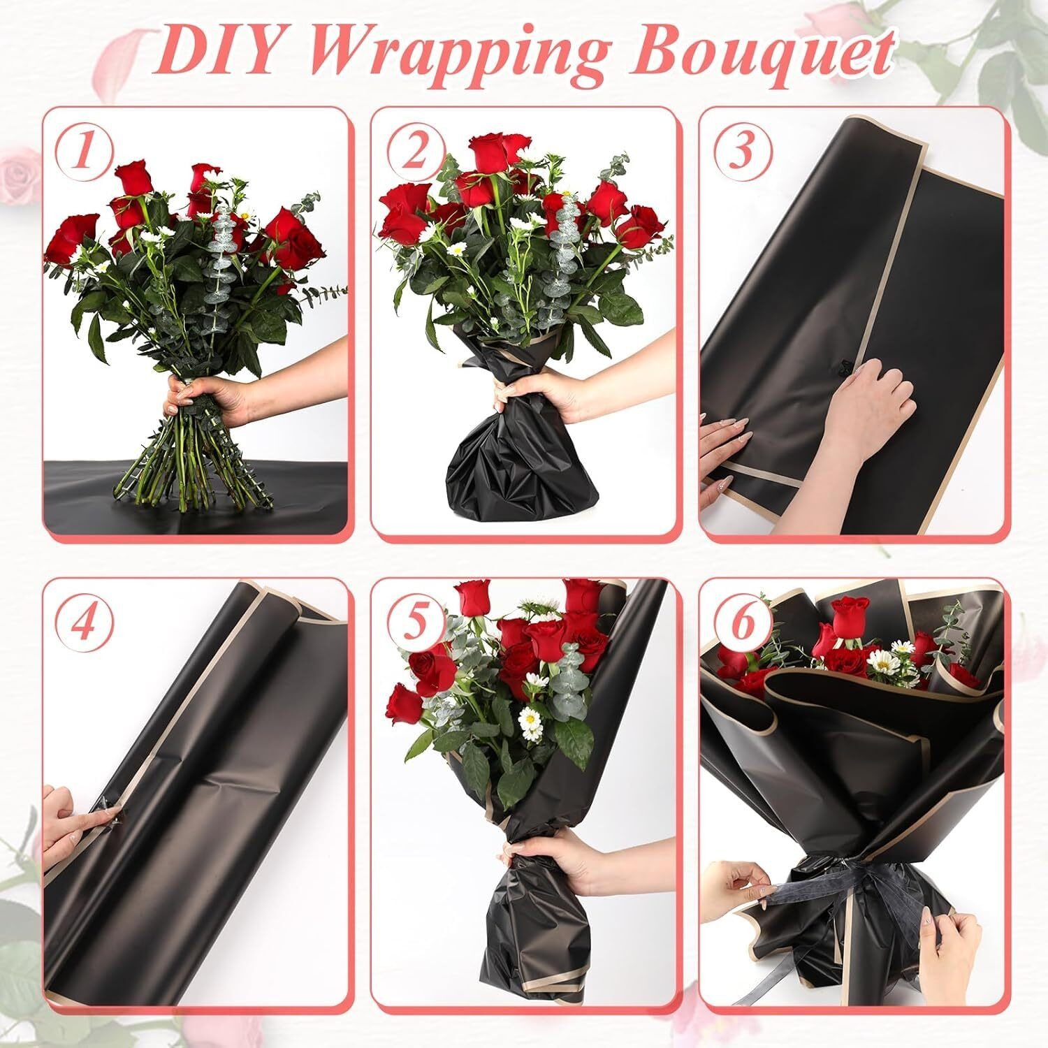 Pandeji Korean Style Waterproof Floral Bouquet Wrapping Paper, Florist Supplies Packaging Paper For Wedding Birthday Gift Diy (Black Sheet With Golden Border, 10 Sheet Pack)
