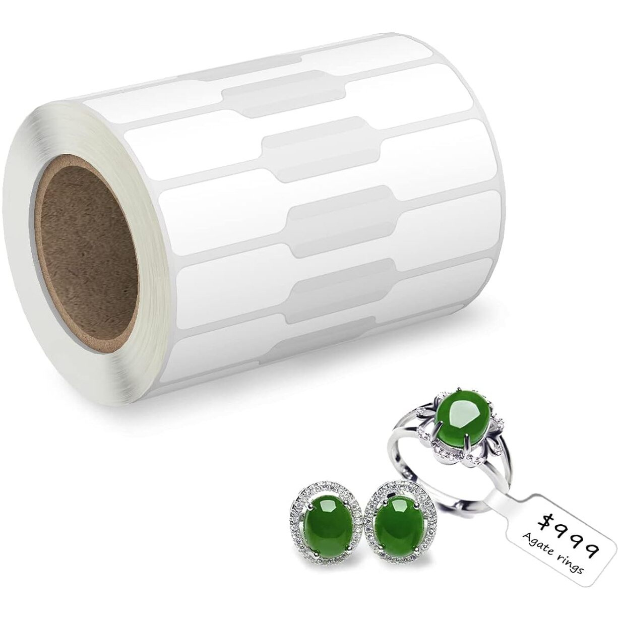 Bar-Coding Tech, 1200 Pcs, Jewelry Price Tags, Glossy Finish, Dumbbell Self Adhesive White Blank Jewelry Stickers For Bracelet, Ring, Necklace, Earring, Clothing Display (1 Roll, 1200 Labels/Roll)