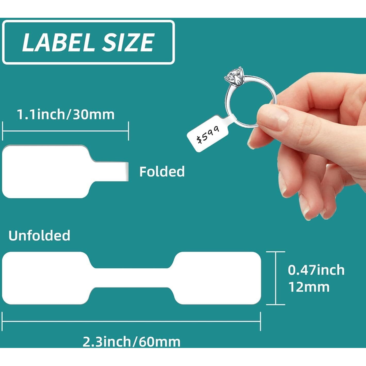 Bar-Coding Tech, 1200 Pcs, Jewelry Price Tags, Glossy Finish, Dumbbell Self Adhesive White Blank Jewelry Stickers For Bracelet, Ring, Necklace, Earring, Clothing Display (1 Roll, 1200 Labels/Roll)