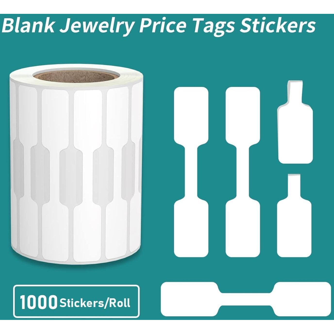 Bar-Coding Tech, 1200 Pcs, Jewelry Price Tags, Glossy Finish, Dumbbell Self Adhesive White Blank Jewelry Stickers For Bracelet, Ring, Necklace, Earring, Clothing Display (1 Roll, 1200 Labels/Roll)