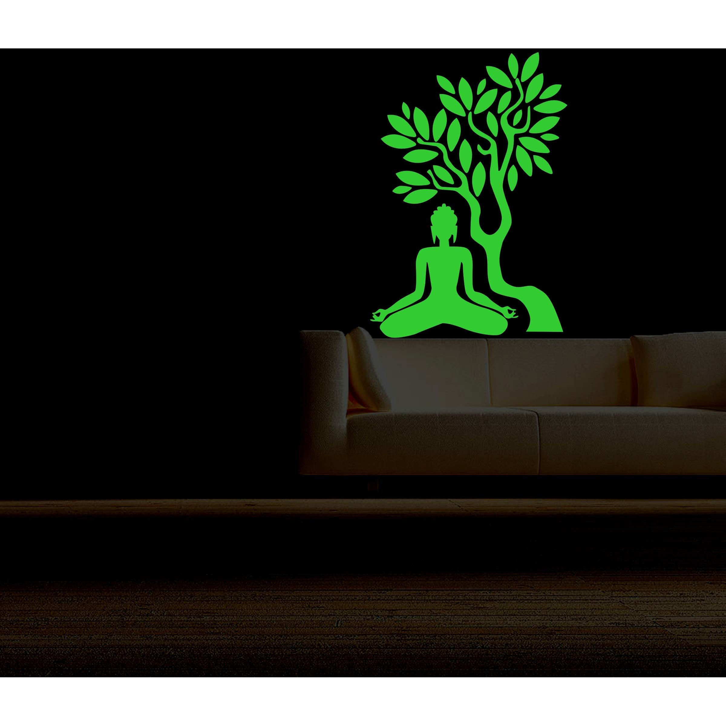 Monk Wish Glow In Dark Radium Meditating Buddha Under Tree Wall Sticker (Green, 27X19 Cm) - Glow In The Dark Buddha Wall Sticker