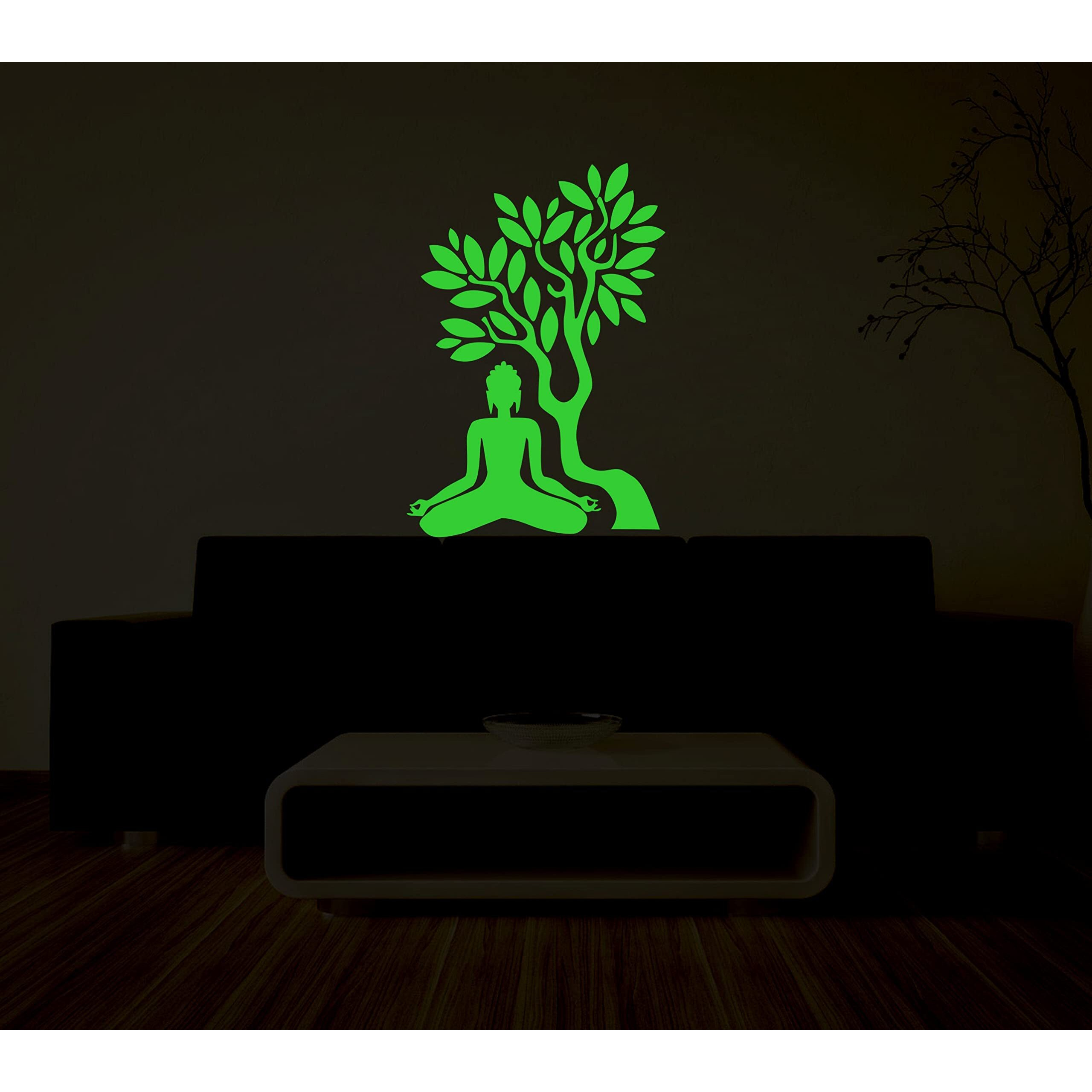 Monk Wish Glow In Dark Radium Meditating Buddha Under Tree Wall Sticker (Green, 27X19 Cm) - Glow In The Dark Buddha Wall Sticker