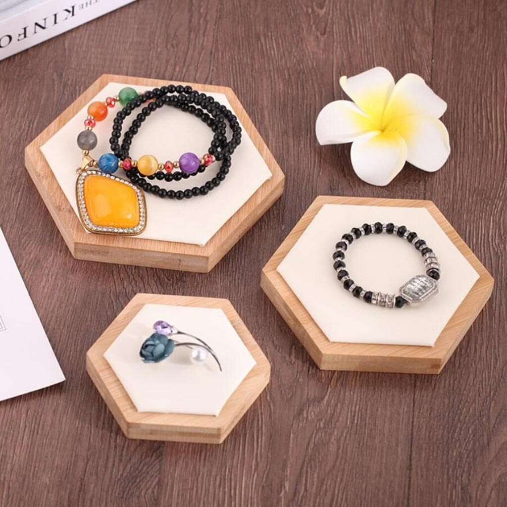 Dispjewel 3 Pcs Set Hexagonal Wooden Jewellery Display Base Tray Stand For Earrings, Bracelets, Pendants, Lockets, Rings, Necklace Photography Prop