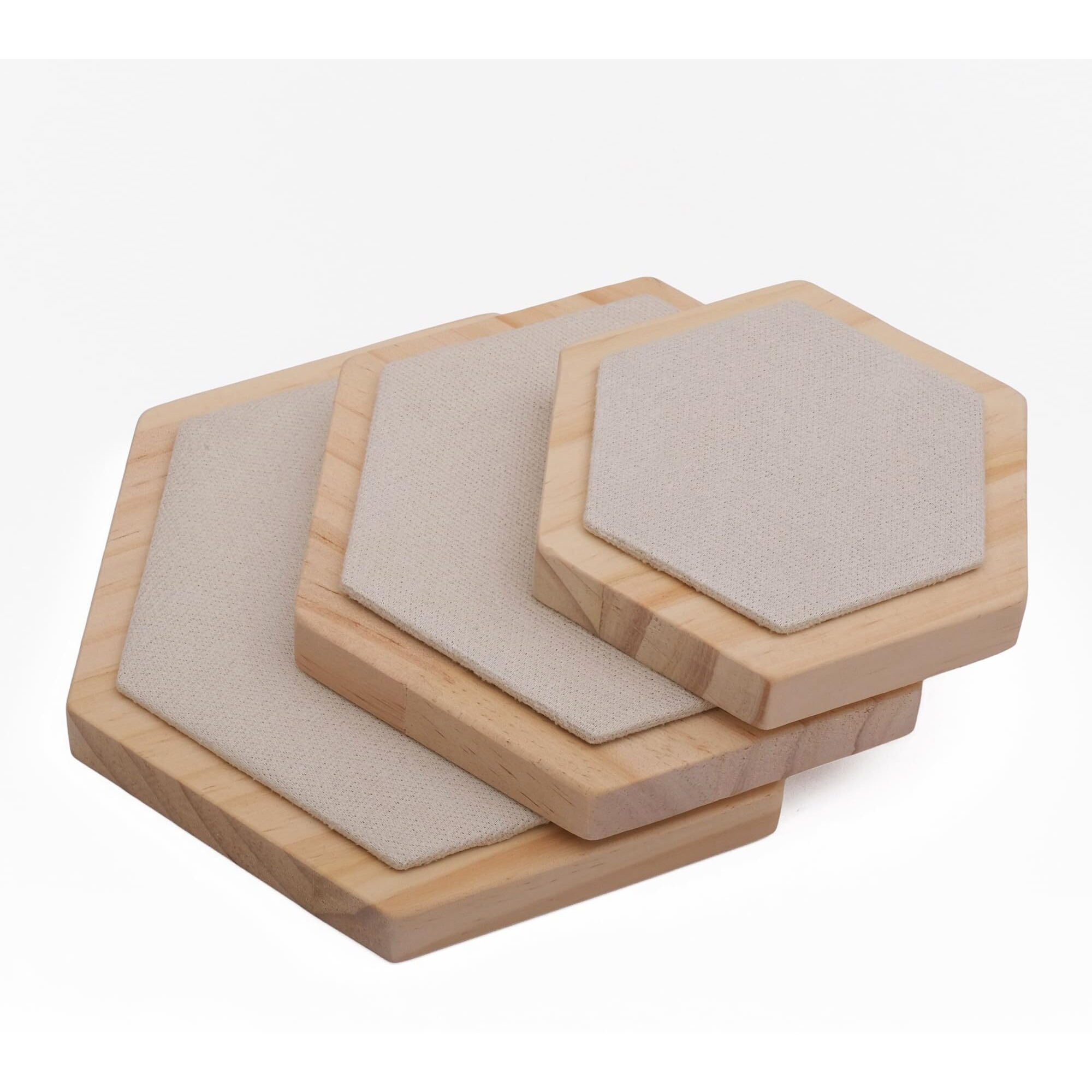 Dispjewel 3 Pcs Set Hexagonal Wooden Jewellery Display Base Tray Stand For Earrings, Bracelets, Pendants, Lockets, Rings, Necklace Photography Prop