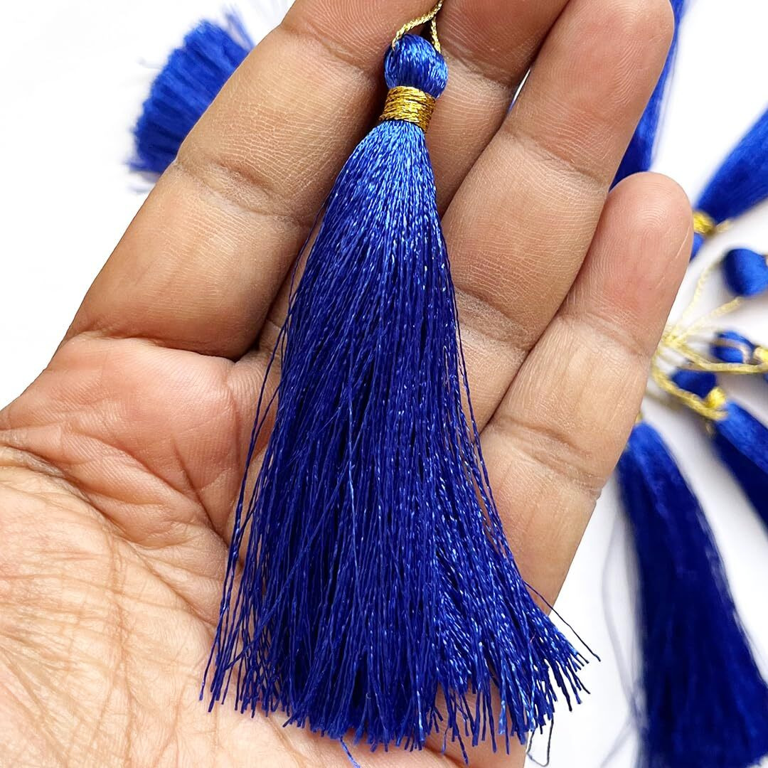 Adikala 50/100 Pcs Silk Craft Tassels | 10Cm Handmade Tassel With 3 Inch Zari Loop For Jewelry Making, Bookmarks, Diy Art & Craft | Ideal For Saree Pallu (100, Blue)