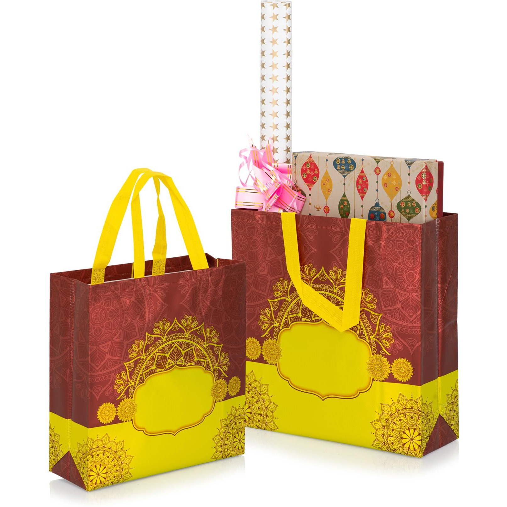 Drapme Bhaji Special Reusable Matt Metallic Non-Woven Laminated Gift Bags, Wedding Gifts, Shagun, Saree, Mithai, Jewellery, Traditional Gifting Carry Bag (11.5X12X4, Coffee, Pack Of 50)