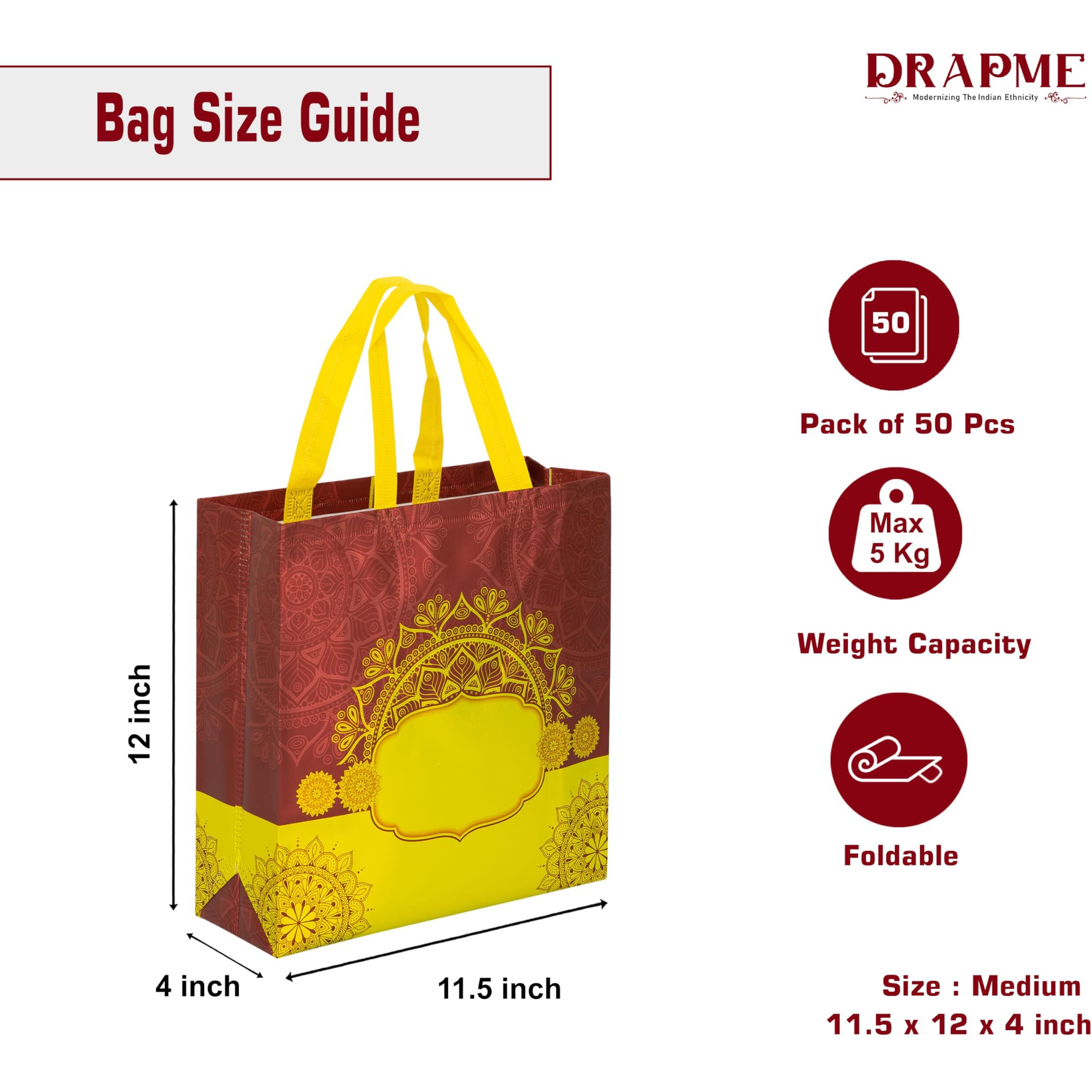 Drapme Bhaji Special Reusable Matt Metallic Non-Woven Laminated Gift Bags, Wedding Gifts, Shagun, Saree, Mithai, Jewellery, Traditional Gifting Carry Bag (11.5X12X4, Coffee, Pack Of 50)