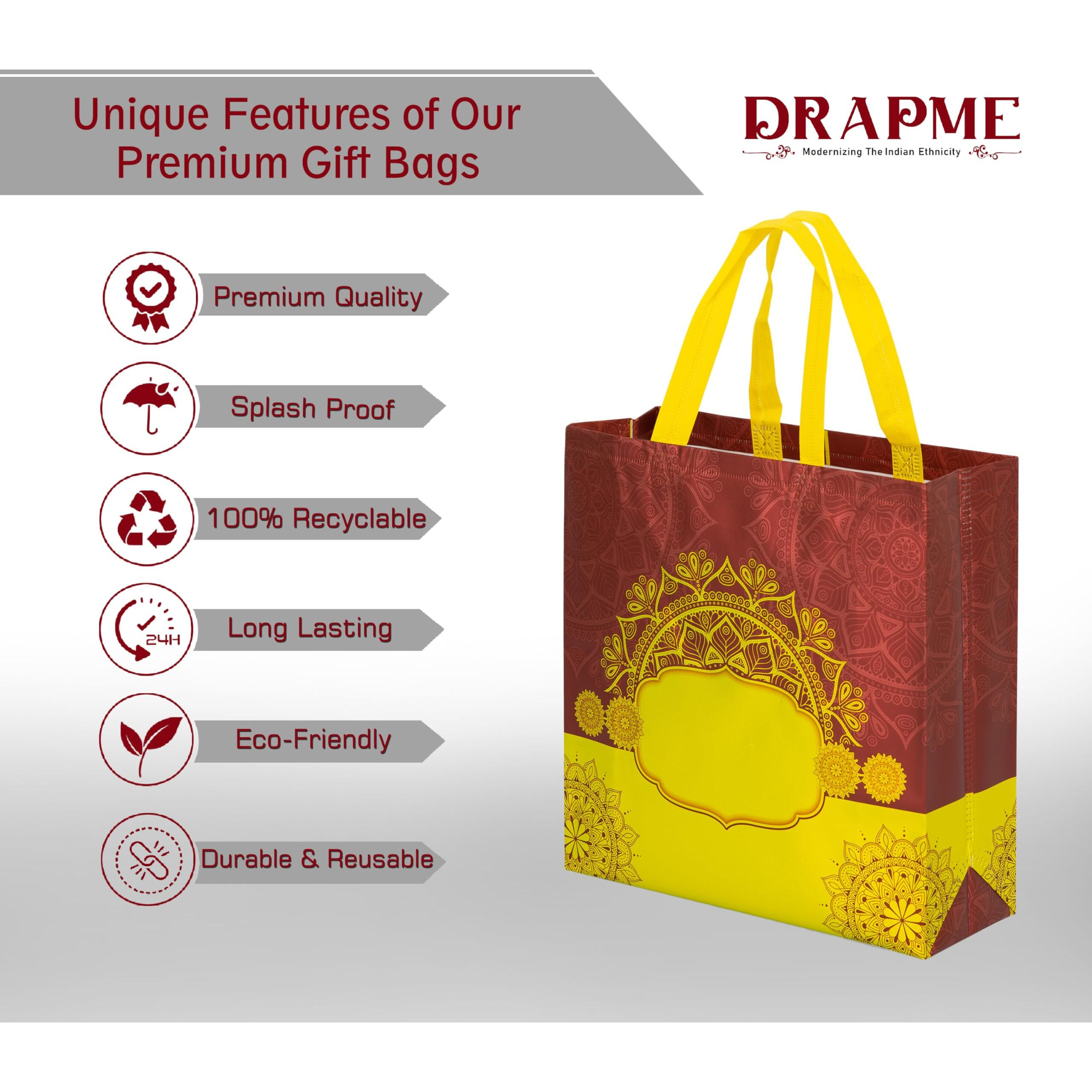 Drapme Bhaji Special Reusable Matt Metallic Non-Woven Laminated Gift Bags, Wedding Gifts, Shagun, Saree, Mithai, Jewellery, Traditional Gifting Carry Bag (11.5X12X4, Coffee, Pack Of 50)